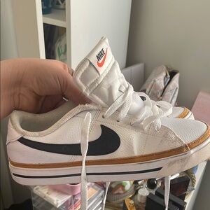 Nike White and Black Sneakers with Gold Accents women’s court legacy